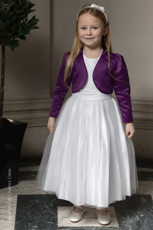 Girls White Diamante Organza Dress with Purple Bolero - Grace
