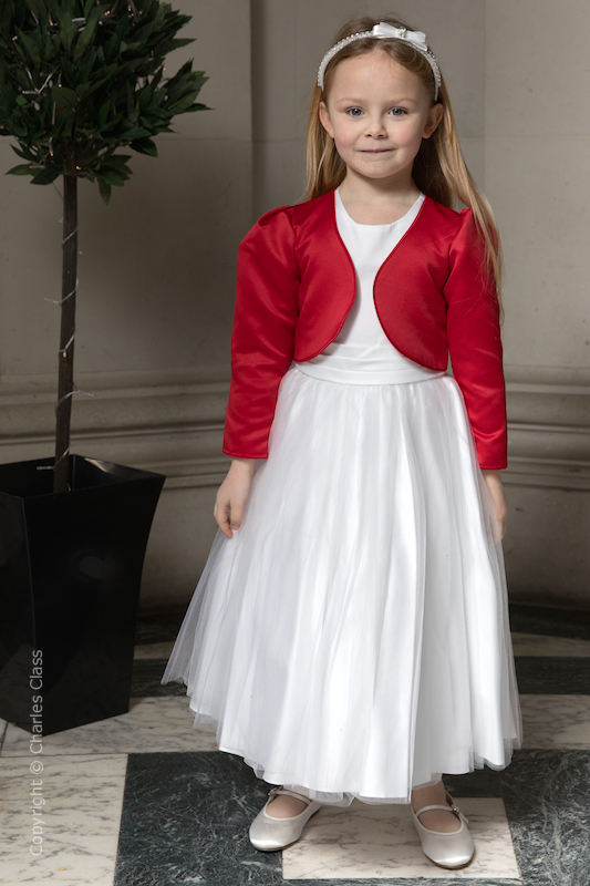 Girls White Diamante Organza Dress with Red Bolero - Grace