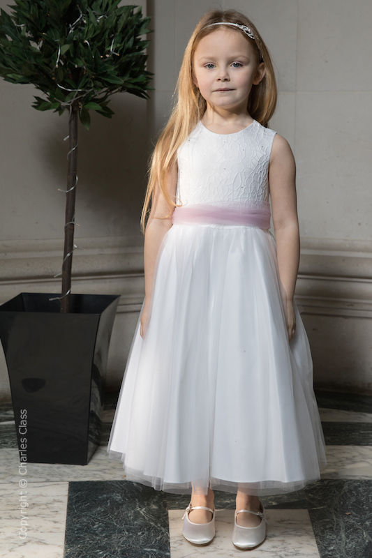 Girls White Embroidered Dress with Dusky Pink Organza Sash - Olivia