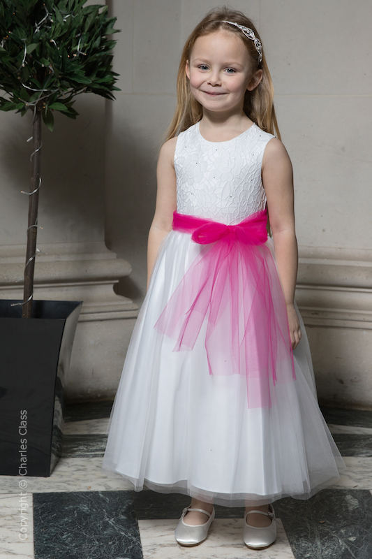 Girls White Embroidered Dress with Hot Pink Organza Sash - Olivia
