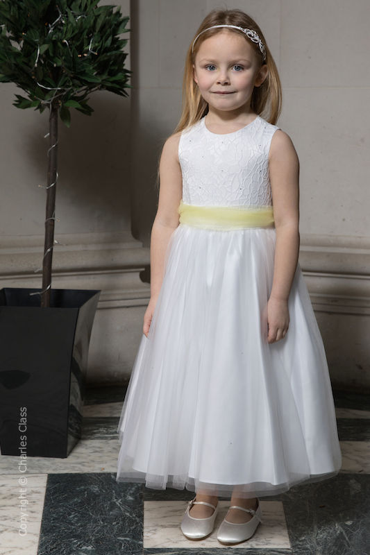 Girls White Embroidered Dress with Lemon Organza Sash - Olivia