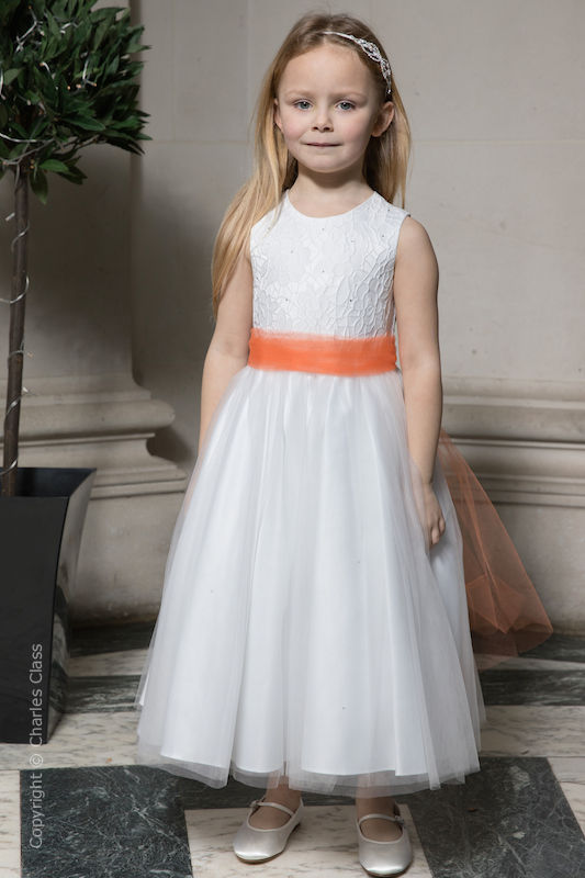 Girls White Embroidered Dress with Orange Organza Sash - Olivia
