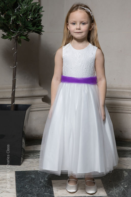 Girls White Embroidered Dress with Purple Organza Sash - Olivia