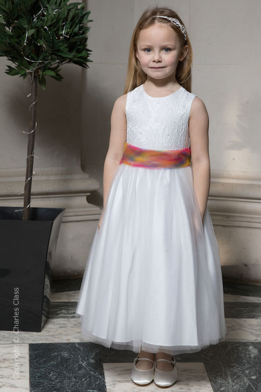 Girls White Embroidered Dress with Rainbow Organza Sash - Olivia