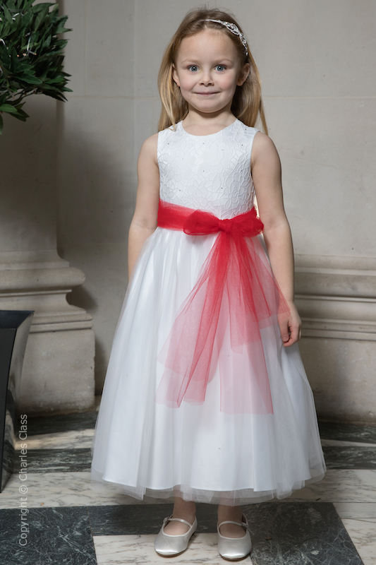 Girls White Embroidered Dress with Red Organza Sash - Olivia