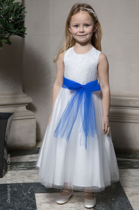 Girls White Embroidered Dress with Royal Organza Sash - Olivia