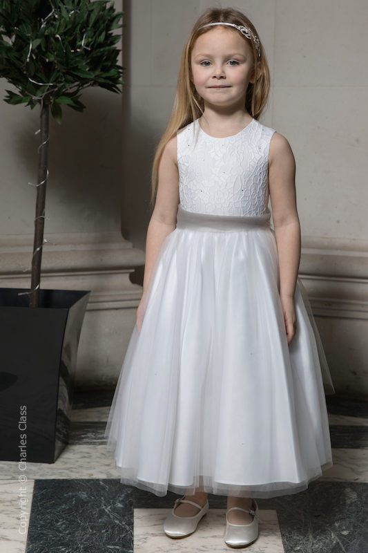 Girls White Embroidered Dress with Silver Organza Sash - Olivia