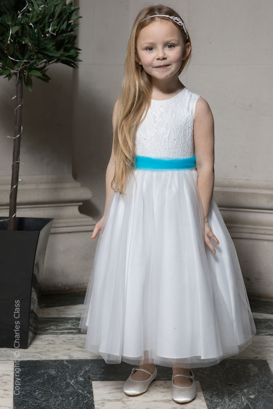 Girls White Embroidered Dress with Turquoise Organza Sash - Olivia