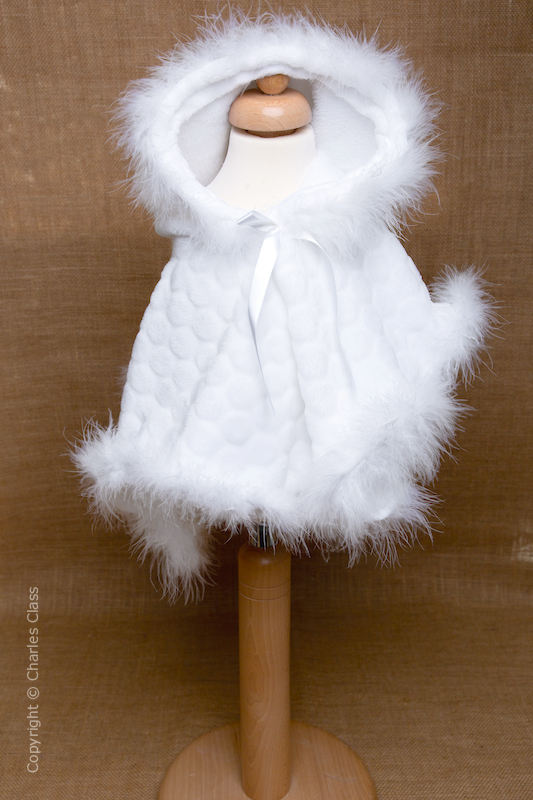 Baby Girls White Patterned Faux Fur Hooded Flower Girl Cape