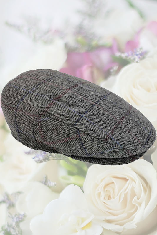 Younger Boys Grey Herringbone Check Flat Cap