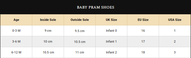 Baby Bow Pram Shoes Size Guide