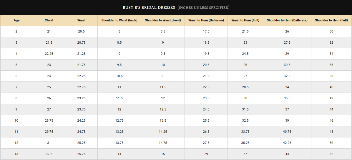Busy B's Bridals Size Guide