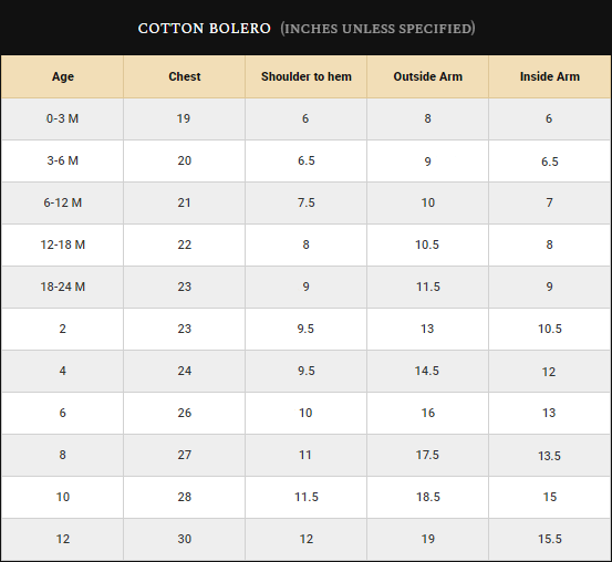 Girls Cotton Bolero Size Guide