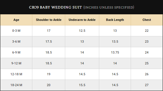 Baby Boys Wedding Suits Size Guide