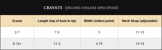 Boys Cravats Size Guide