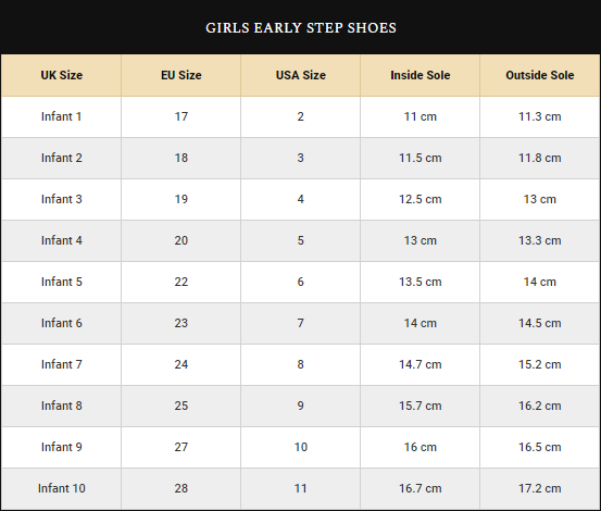 Girls Early Step Shoes Size Guide