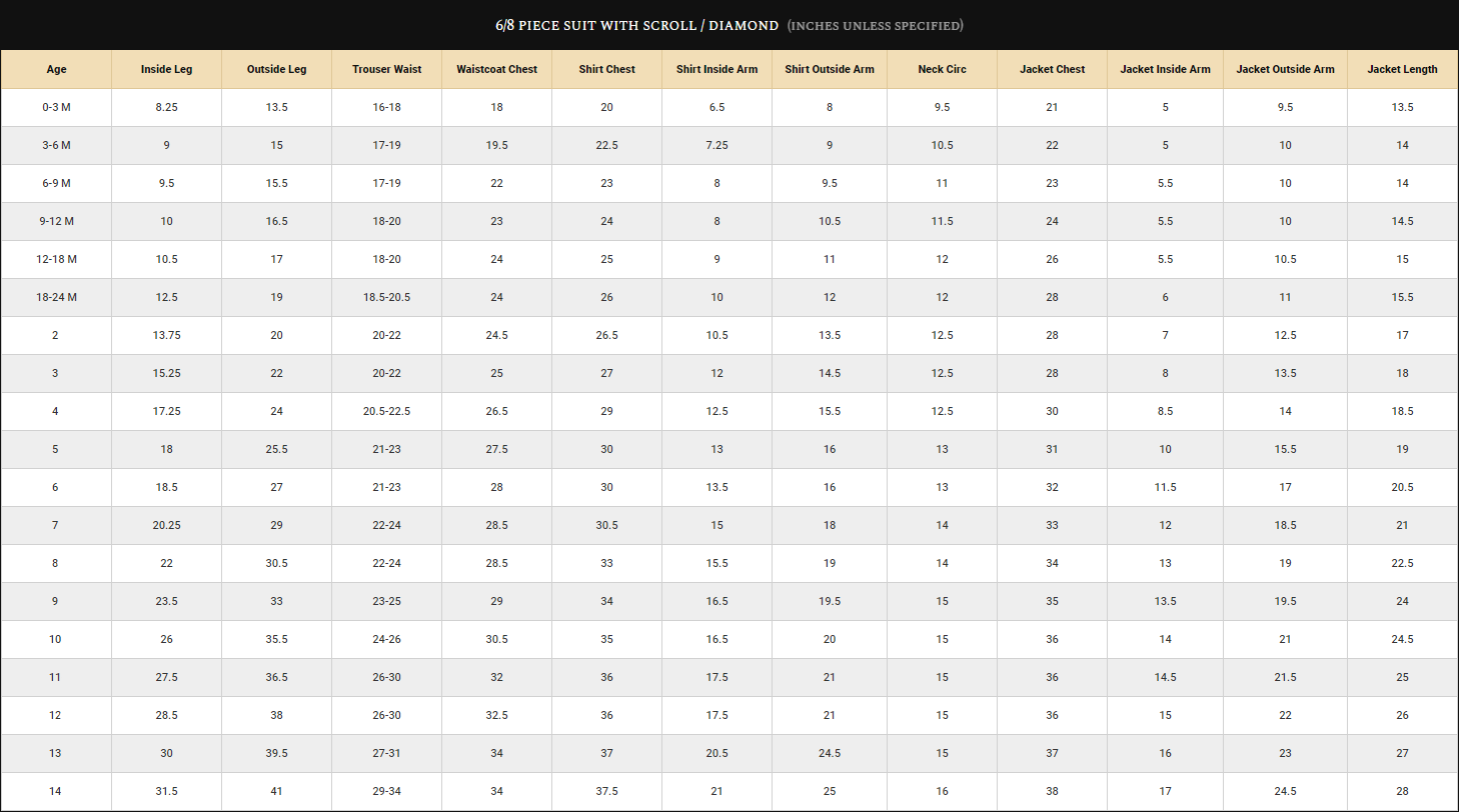 Boys 6 & 8 Piece Suits Size Guide