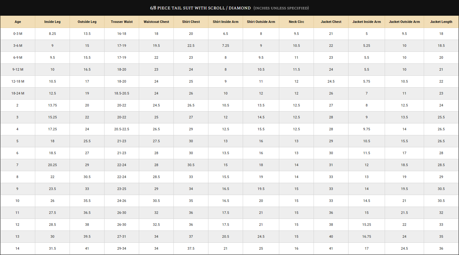 Boys Scroll / Diamond Tail Suits Size Guide