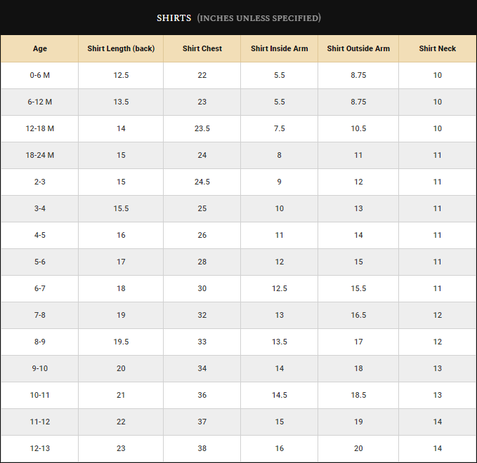 Boys Shirts Size Guide