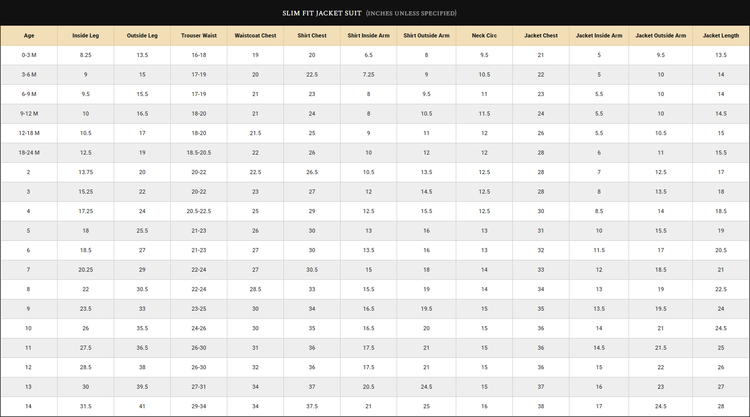 Boys Suit Size Guide