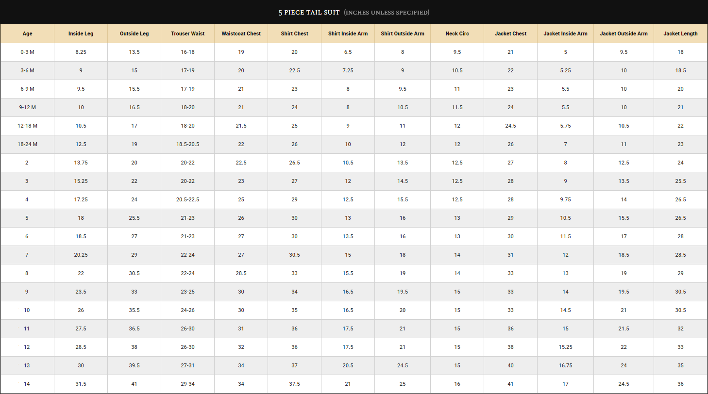 Boys Tail Suits Size Guide