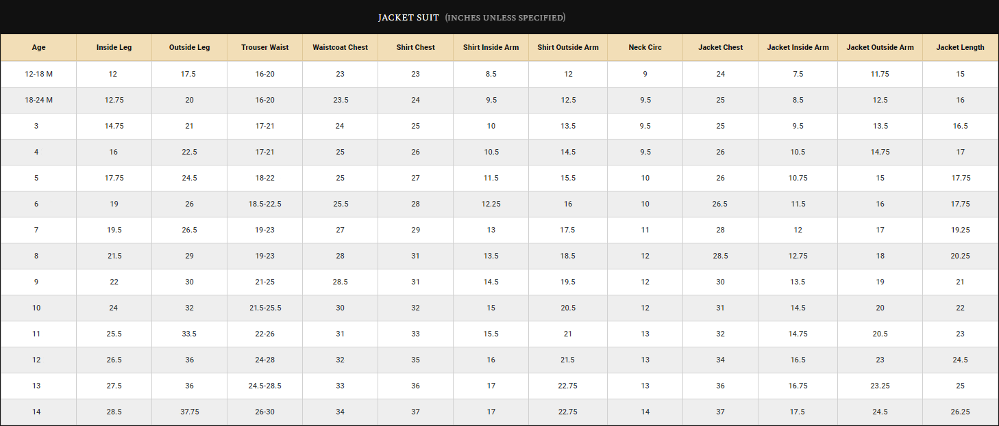 Boys Suit Size Guide