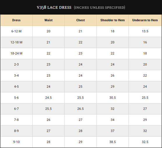 Girls Lace Dress Size Guide